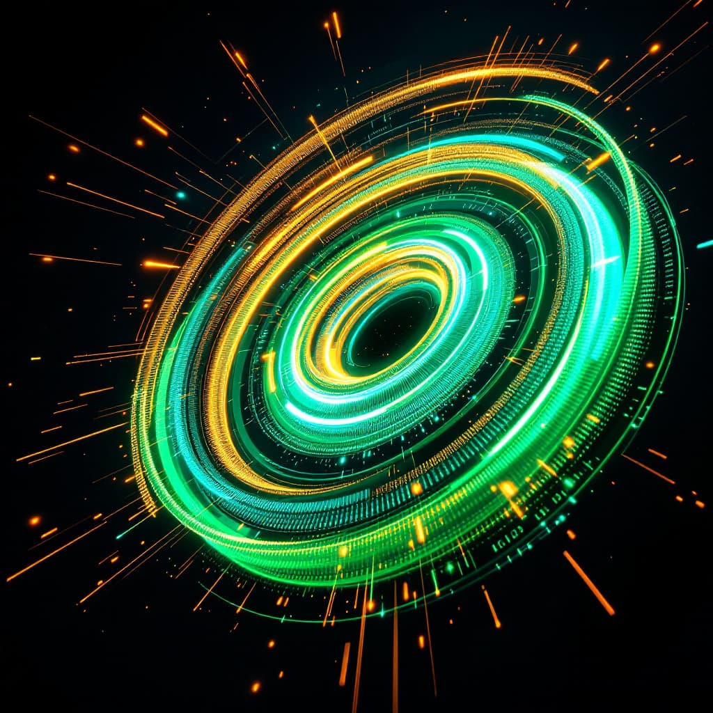 A luminous spiral flywheel of emerald green and teal data nodes accelerating outward with amber gold momentum trails, the adoption flywheel building speed