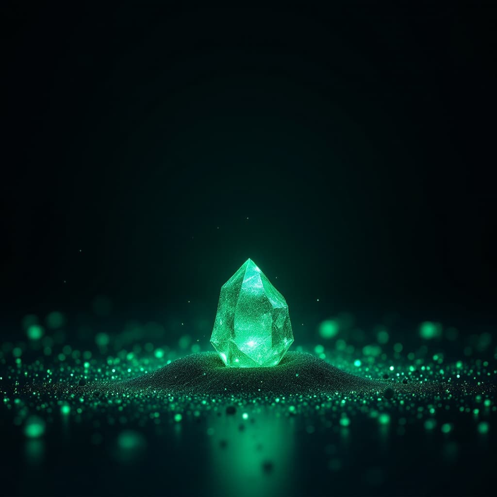 A few luminous emerald green particles settling into a crystalline seed structure, the quiet start of a rollout