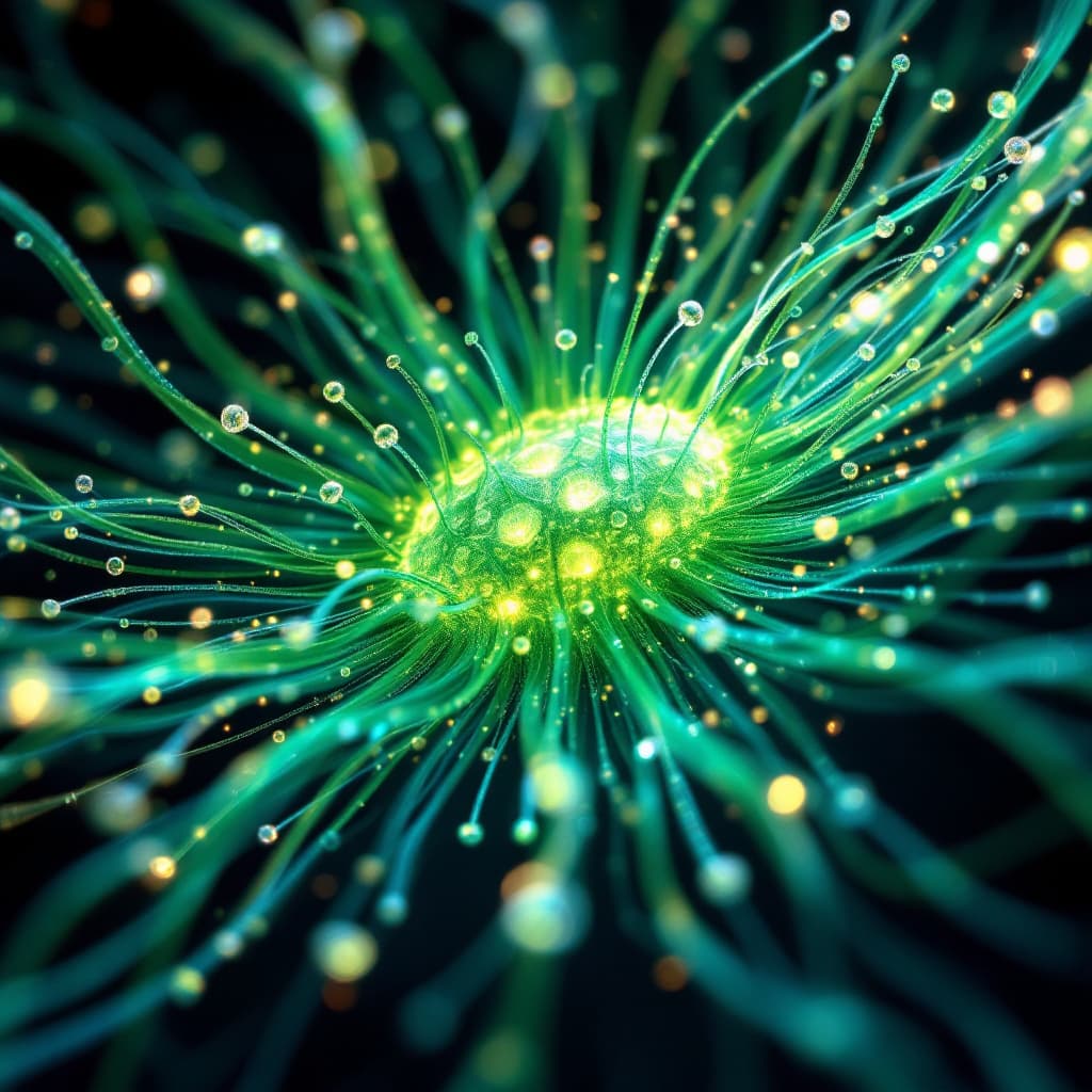 An emerald green seed structure opening outward as new teal filament threads join, the wider team coming onboard