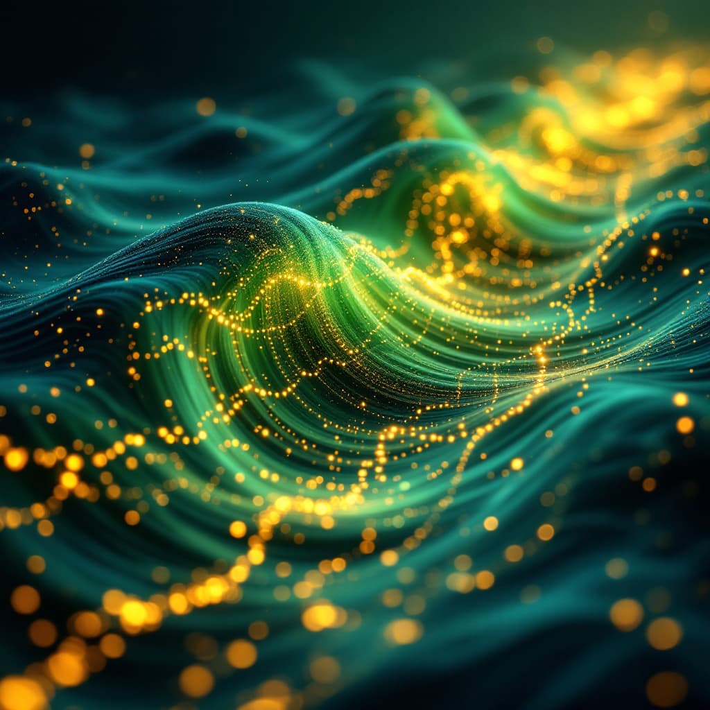Amber gold energy waves rolling across a mature emerald and teal network, switching on new capability bands, the toolkit building in waves