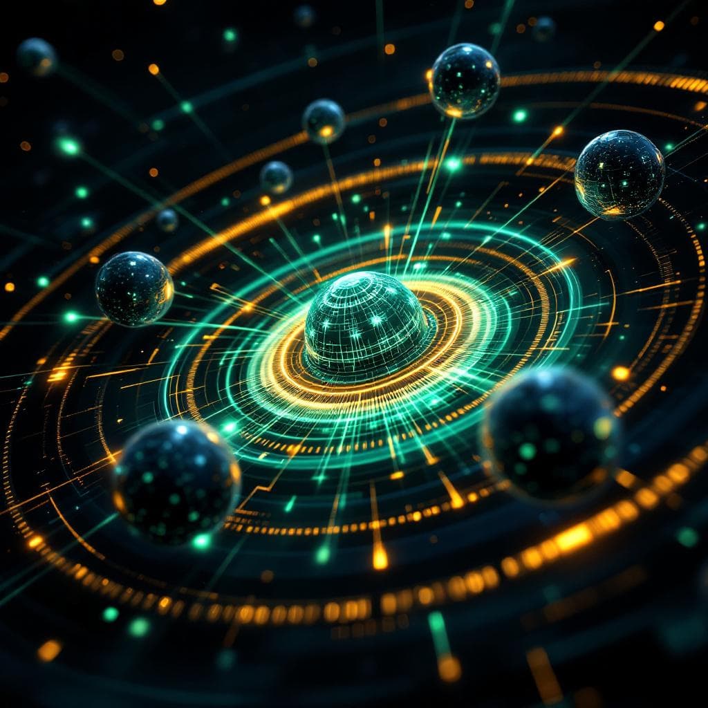 Orbital AI agents circling a central intelligence core