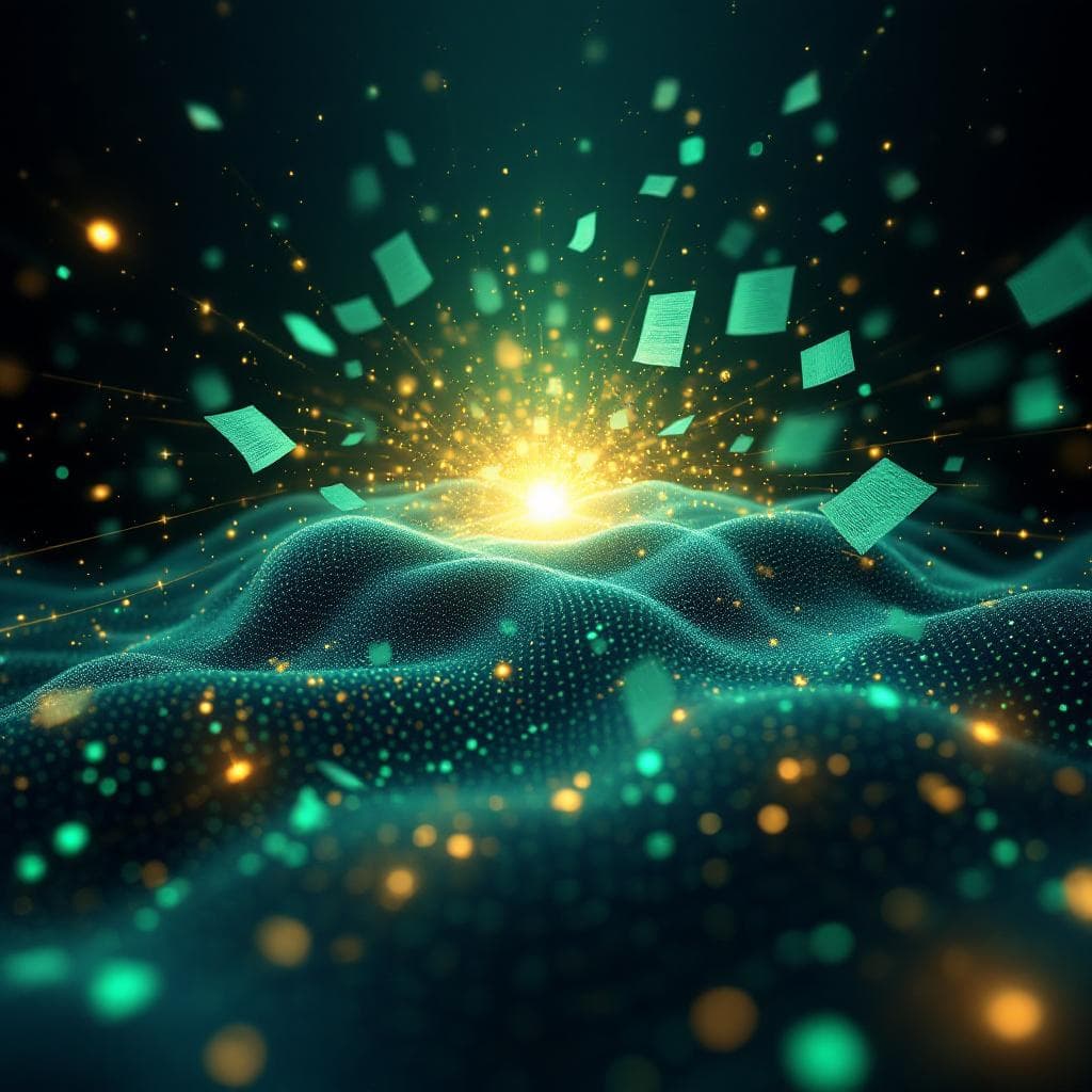 Cascading document shapes dissolving into luminous data streams