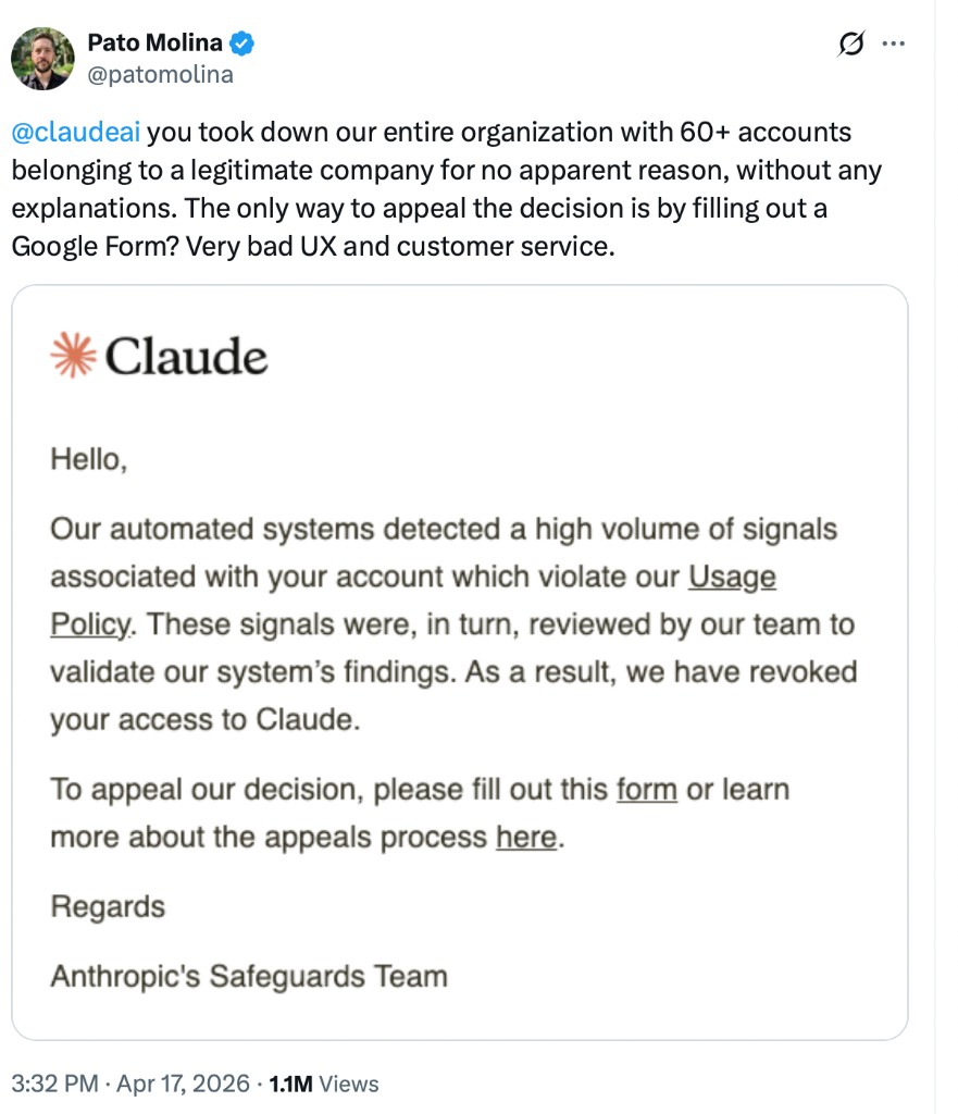 Pato Molina's X post: Anthropic shut down 60+ accounts with no explanation, appeal via Google Form only